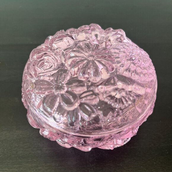 Fenton Glass Pink Powder Jar Trinket Box // Embossed Floral Design - Picture 1 of 5